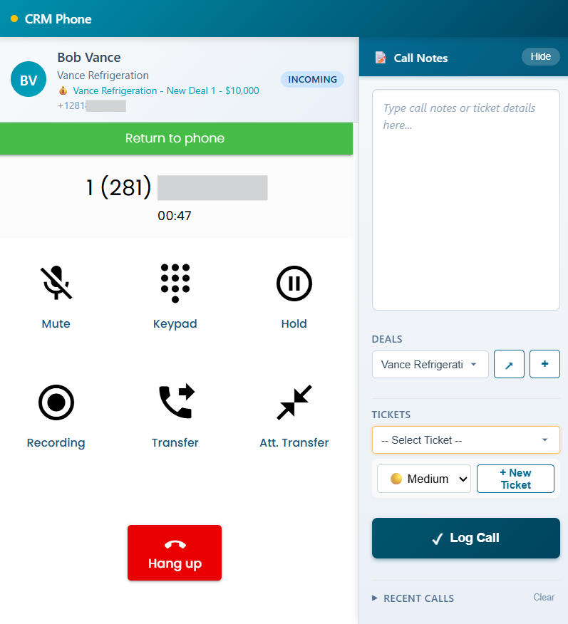 CRM Phone dialpad interface